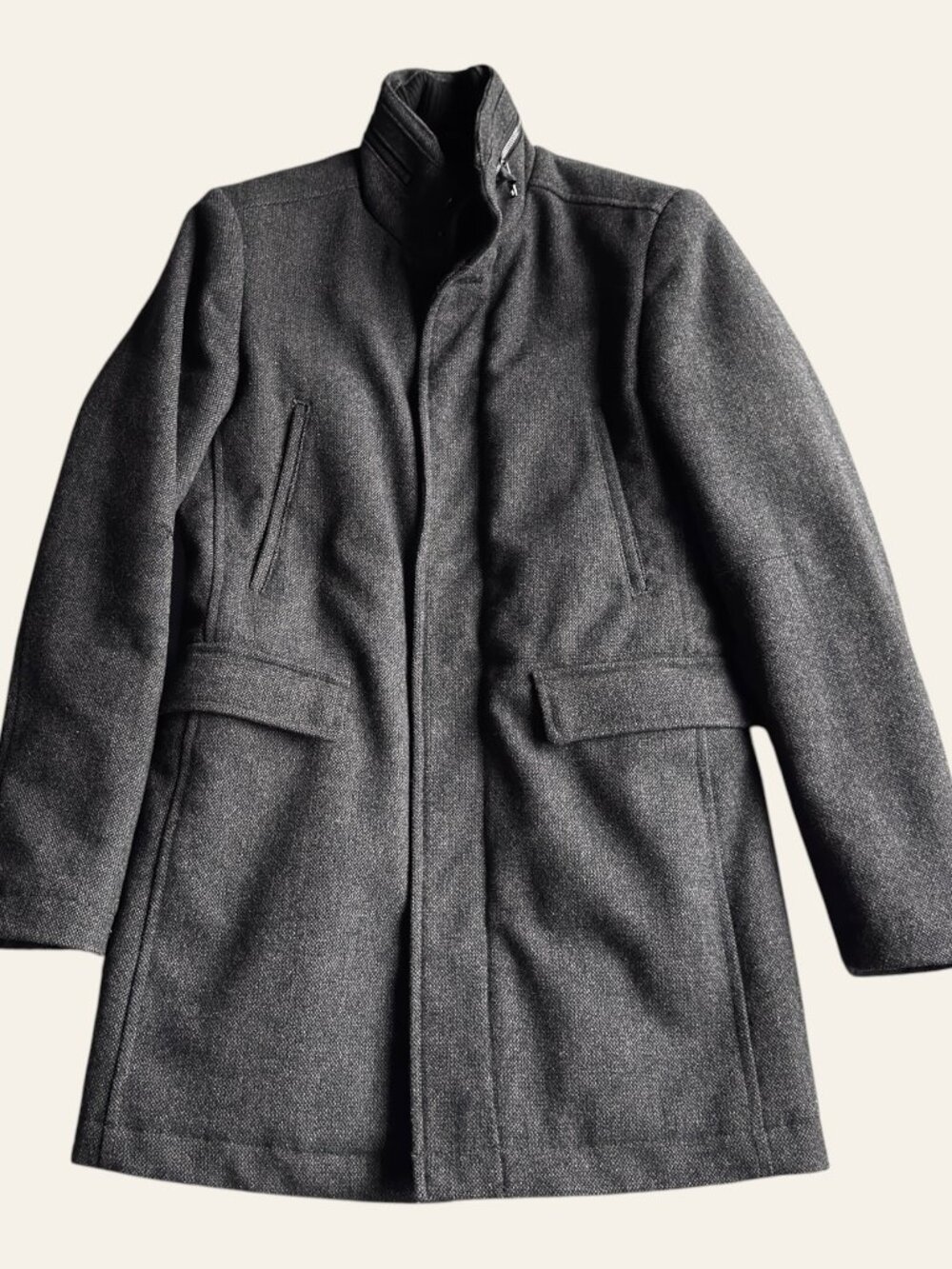 Zara Man Sz S Funnel Neck Textured Wool Blend Overcoat Hidden Hood Gray Jacket